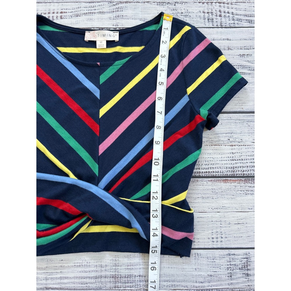 Timing Womens Navy Multi Color Striped Twist Front Crop Top Shirt M‎ - Picture 6 of 7